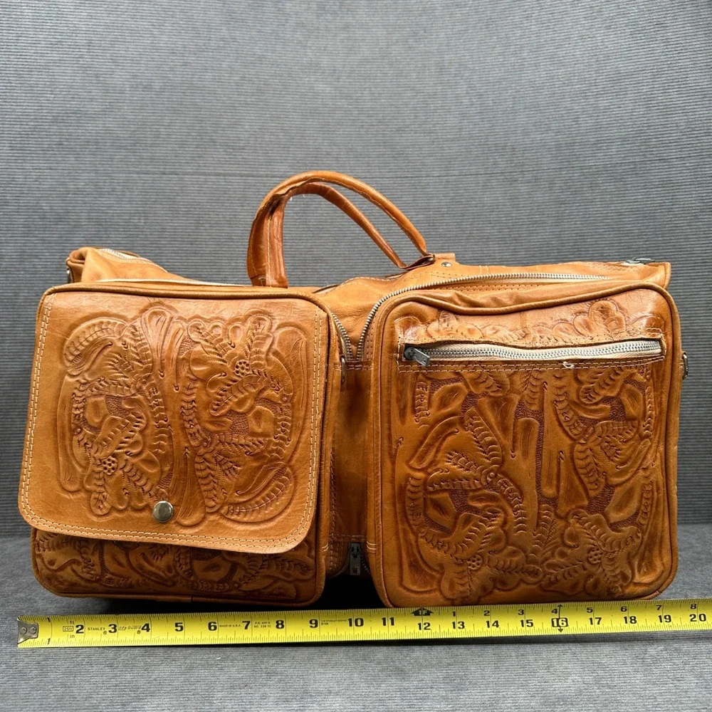 Vintage Hand Tooled Leather Duffel Bag Tan Floral Western Travel Weekender Bag